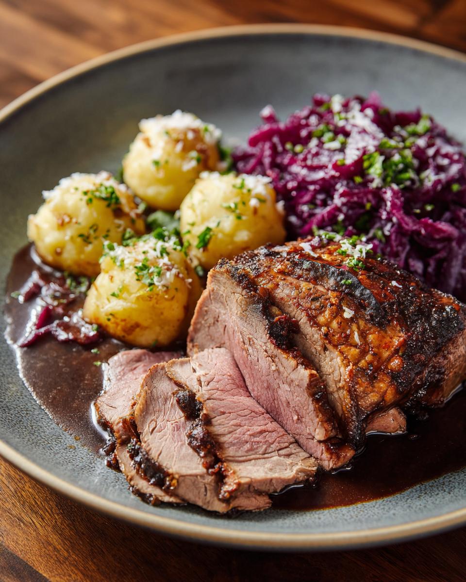 Ein saftiger Braten, serviert mit Kartoffelklößen und Rotkohl, als Teil eines Easy Weihnachtsessen.
