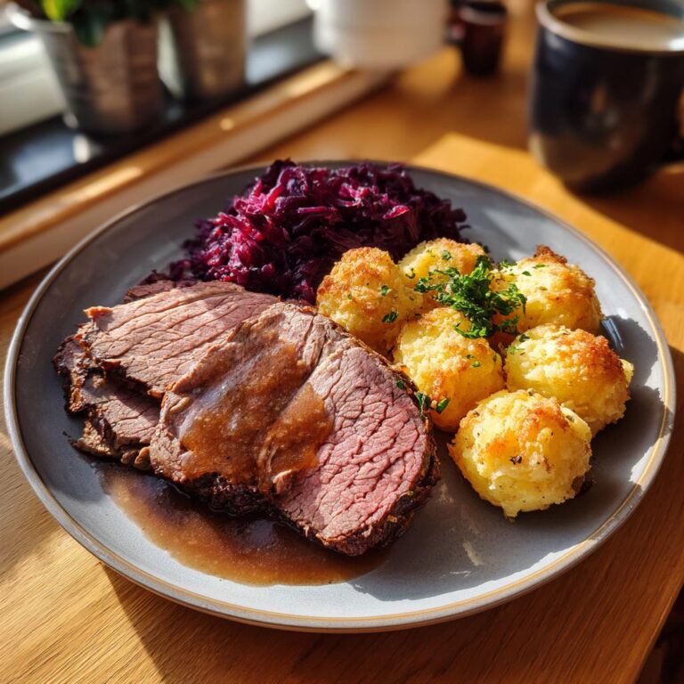 Ein Teller mit einem saftigen Braten, Klößen und Rotkohl – ein einfaches Weihnachtsessen.
