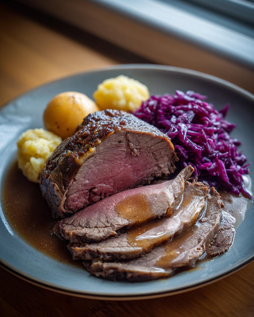 A plate of sliced roast beef, mashed potatoes, and red cabbage, perfect for an Easy Weihnachtsessen.