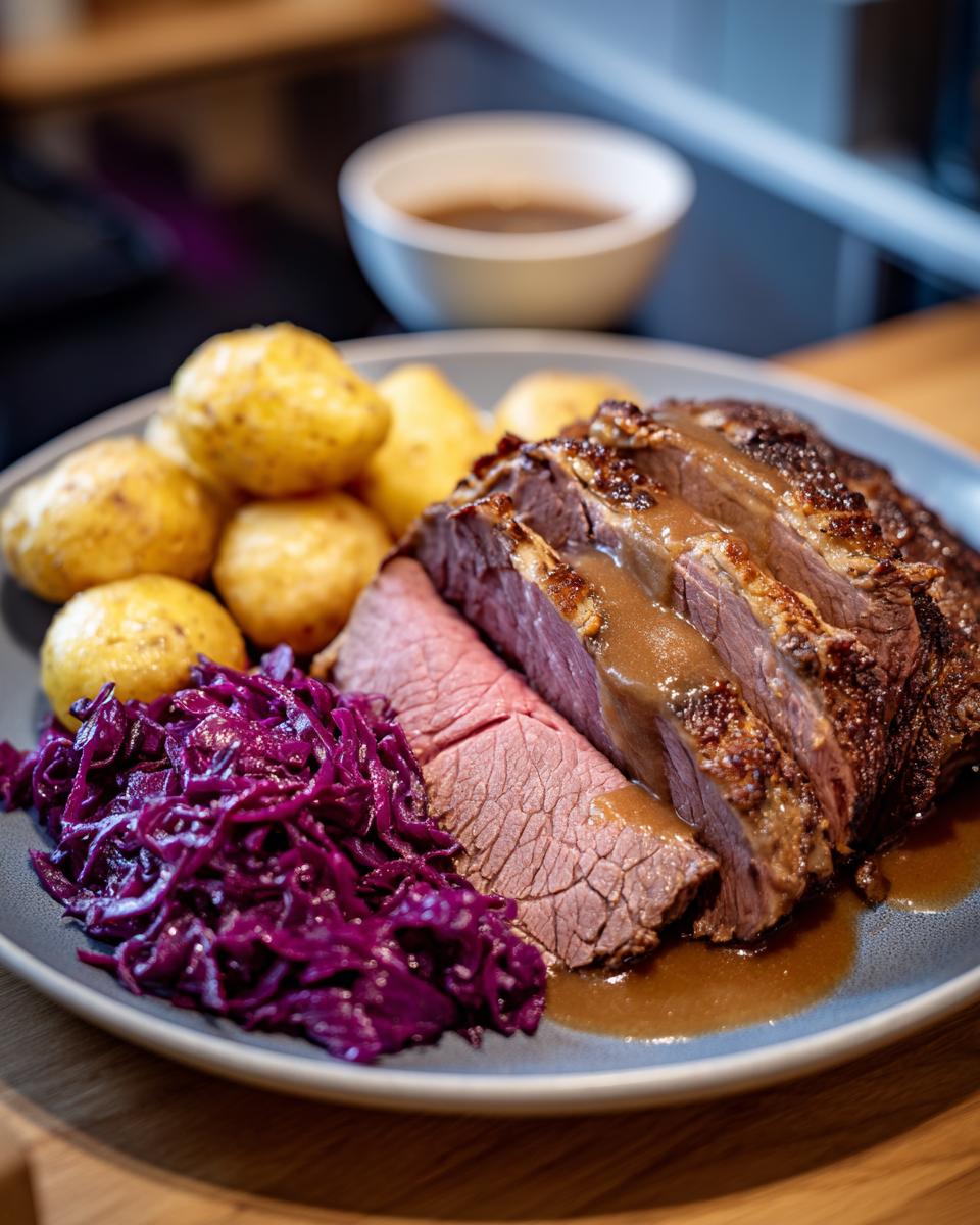 A plate with sliced roast beef, potatoes, and red cabbage, perfect for an Easy Weihnachtsessen.