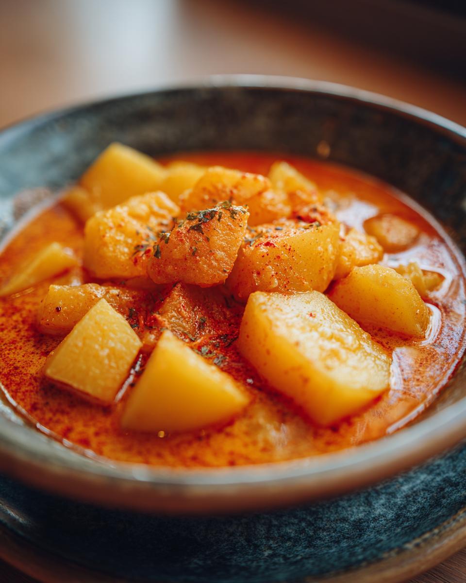 Nahaufnahme von Einfaches Kartoffelgulasch in einer Schüssel, garniert mit Paprikapulver und Kräutern.