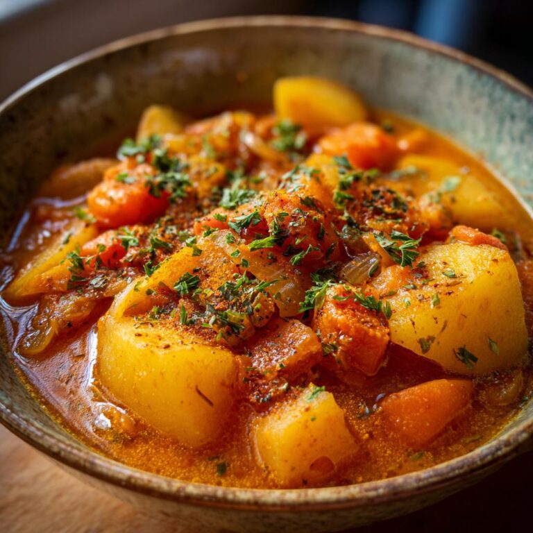 Eine Schüssel mit köstlichem Einfaches Kartoffelgulasch, garniert mit Petersilie und Gewürzen.