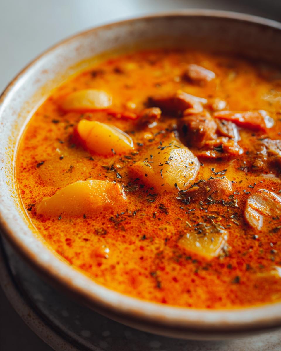 Nahaufnahme einer Schüssel mit Einfaches Kartoffelgulasch, Kartoffelstücken und Fleisch in einer würzigen Sauce.