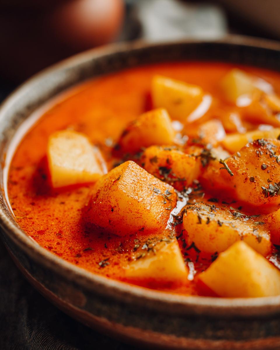 Nahaufnahme einer Schüssel mit Einfaches Kartoffelgulasch, garniert mit Kräutern.