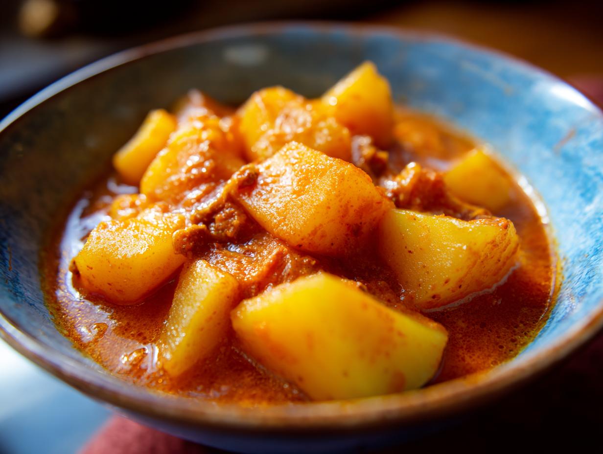 Nahaufnahme einer blauen Schüssel mit Einfaches Kartoffelgulasch, voller Kartoffelstücke in einer würzigen Sauce.