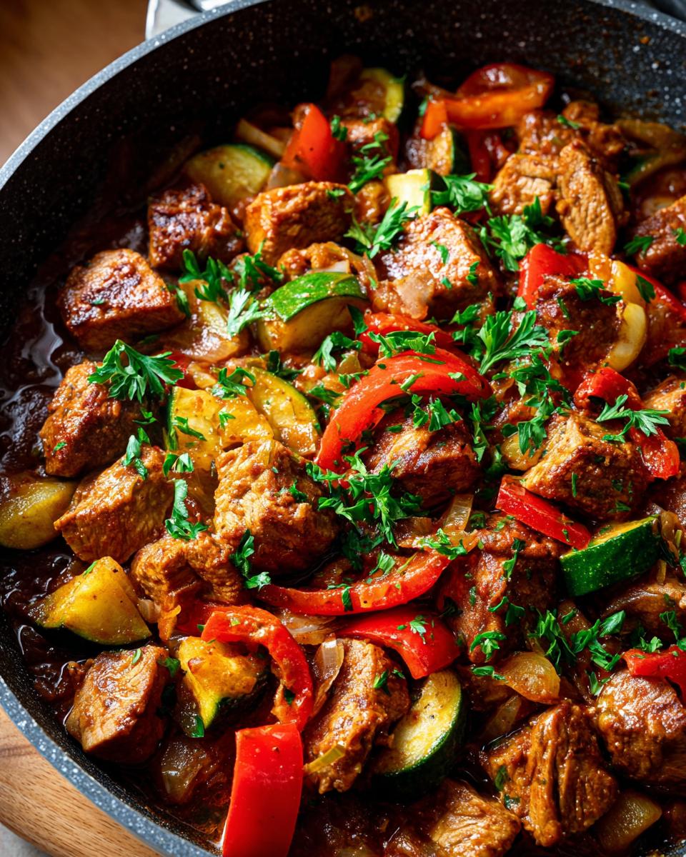 Nahaufnahme von Einfaches Putengulasch mit Paprika und Zucchini, garniert mit Petersilie.