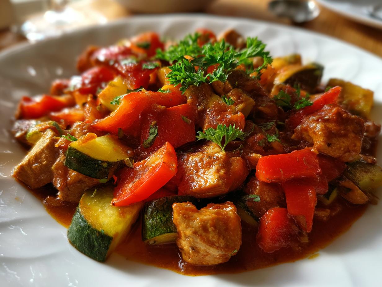 Einfaches Putengulasch mit Paprika und Zucchini, garniert mit Petersilie.