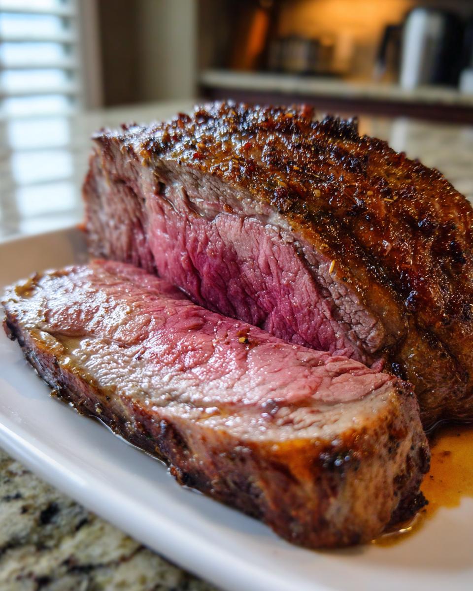 Ein saftiger, perfekt gebratener Weihnachtsbraten, angeschnitten, mit einer tiefroten Kerntemperatur und knuspriger Kruste.