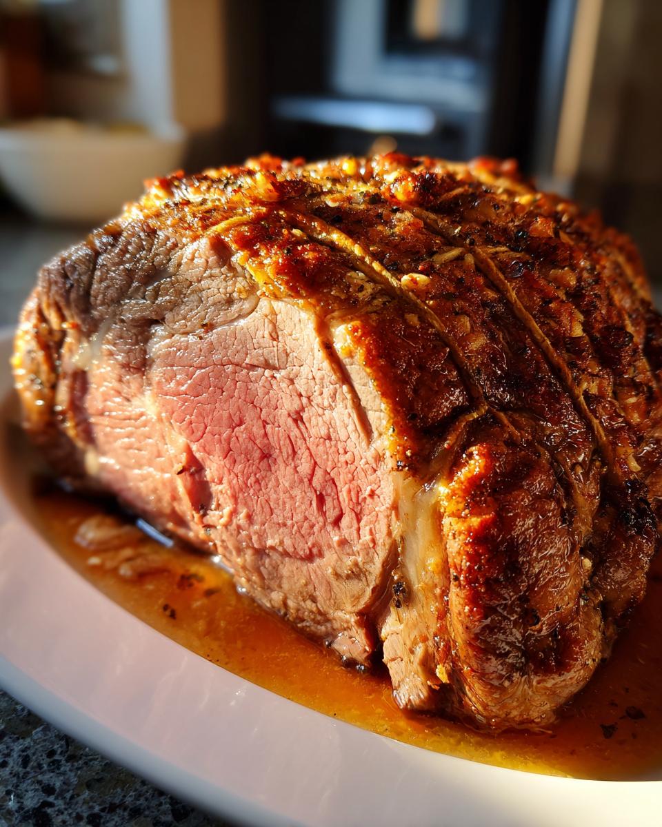 Ein saftiger, perfekt gebratener Weihnachtsbraten, der auf einem Teller mit Bratensauce liegt. Der Braten ist der einfachste Weihnachtsbraten der Welt.