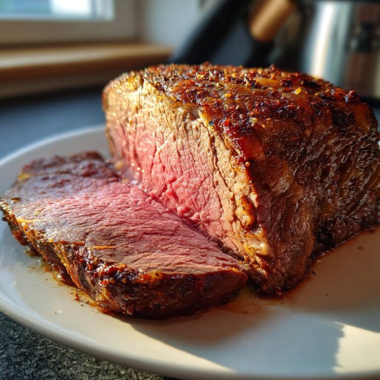 Ein saftiges Stück Weihnachtsbraten, perfekt gebraten, mit einer knusprigen Kruste, auf einem Teller serviert. Der einfachste Weihnachtsbraten der Welt.