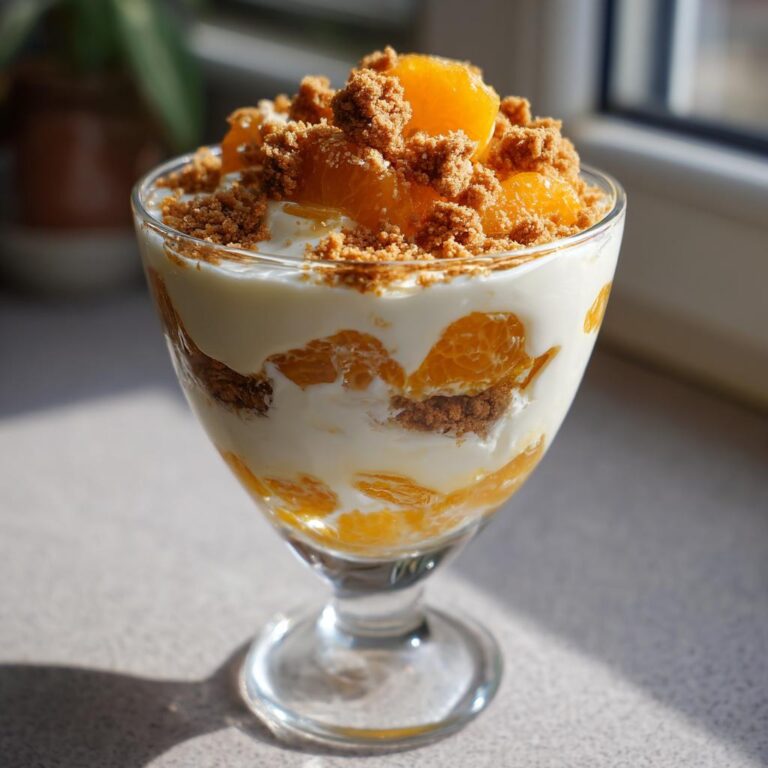 Festliche Spekulatius Mandarinen Quark Creme in einem Glas mit Mandarinenstücken und Spekulatius-Krümeln.