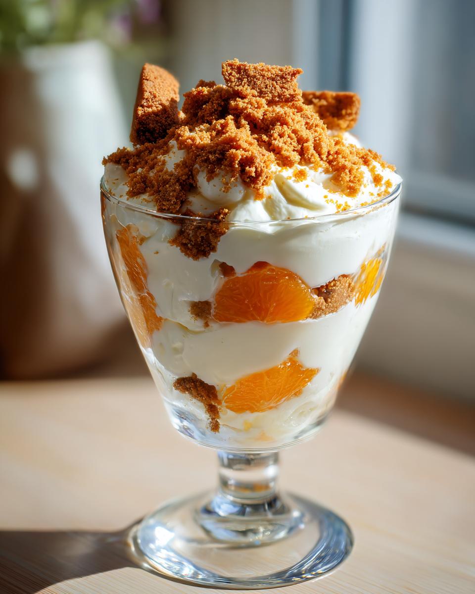 A festive dessert glass filled with Festliche Spekulatius Mandarinen Quark Creme, layered with mandarin segments and crumbled speculoos cookies.