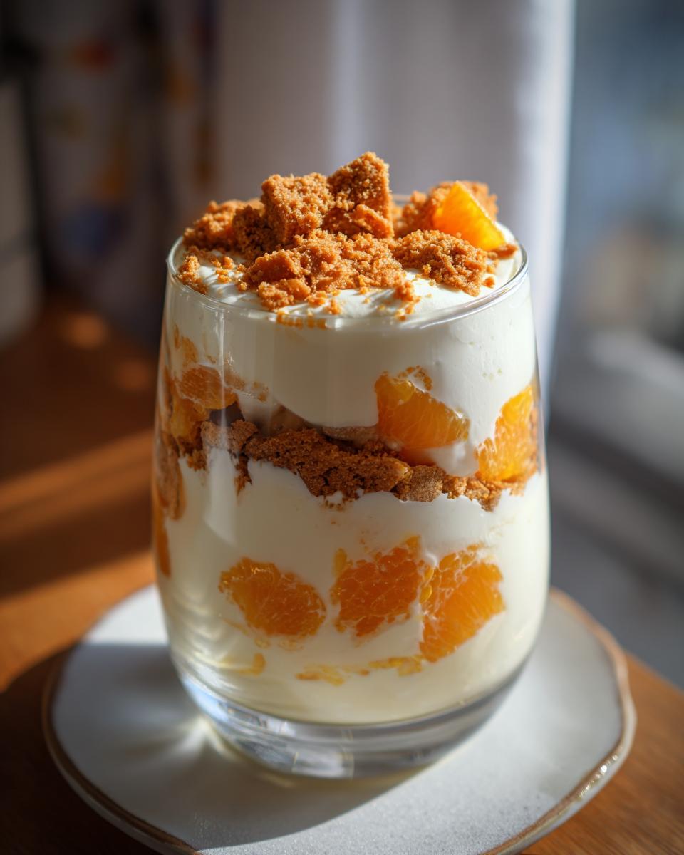 A layered dessert in a glass featuring Festliche Spekulatius Mandarinen Quark Creme with mandarin segments and crushed speculoos cookies.