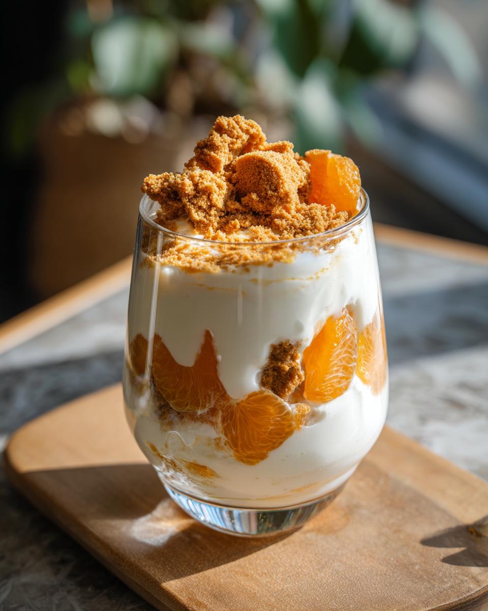 Festliche Spekulatius Mandarinen Quark Creme served in a glass, layered with mandarin segments and crumbled speculoos cookies.