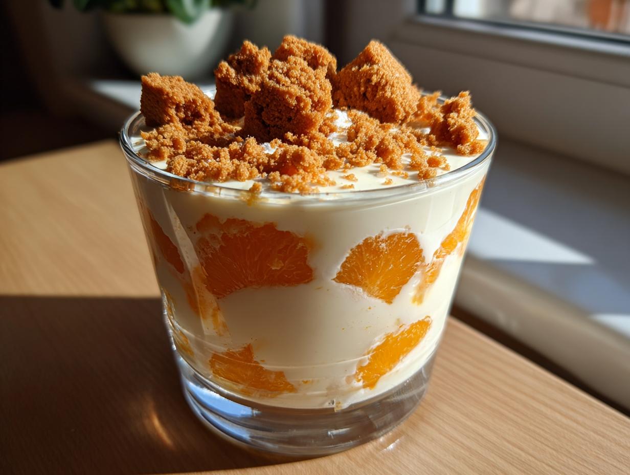 A glass of Festliche Spekulatius Mandarinen Quark Creme, layered with mandarin segments and topped with crumbled speculoos.