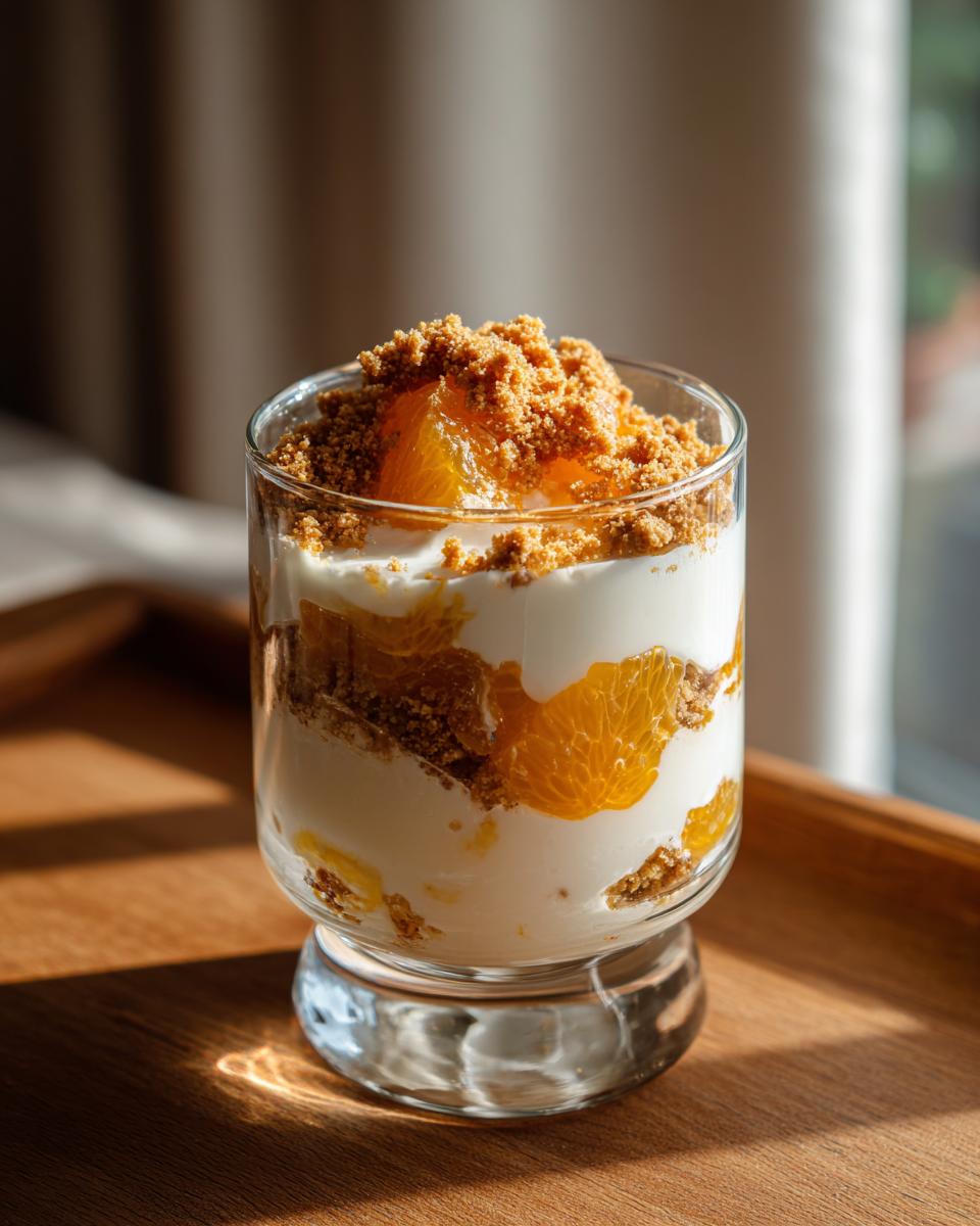 Festliche Spekulatius Mandarinen Quark Creme in einem Glas, geschichtet mit Quark, Mandarinen und Spekulatius-Bröseln.
