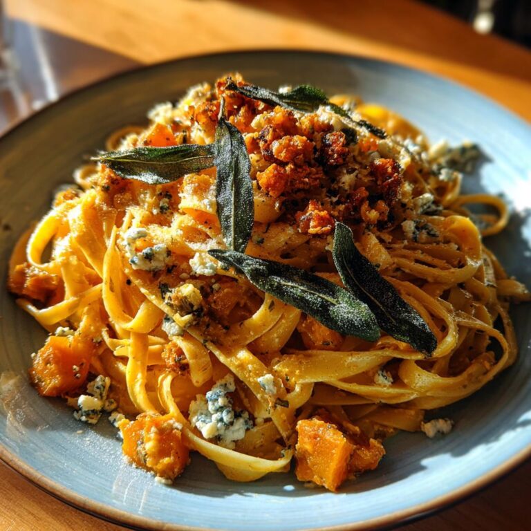 Frische Pasta mit Maronen, Kürbis, Salbei und Roquefort auf einem blauen Teller, garniert mit Salbeiblättern.