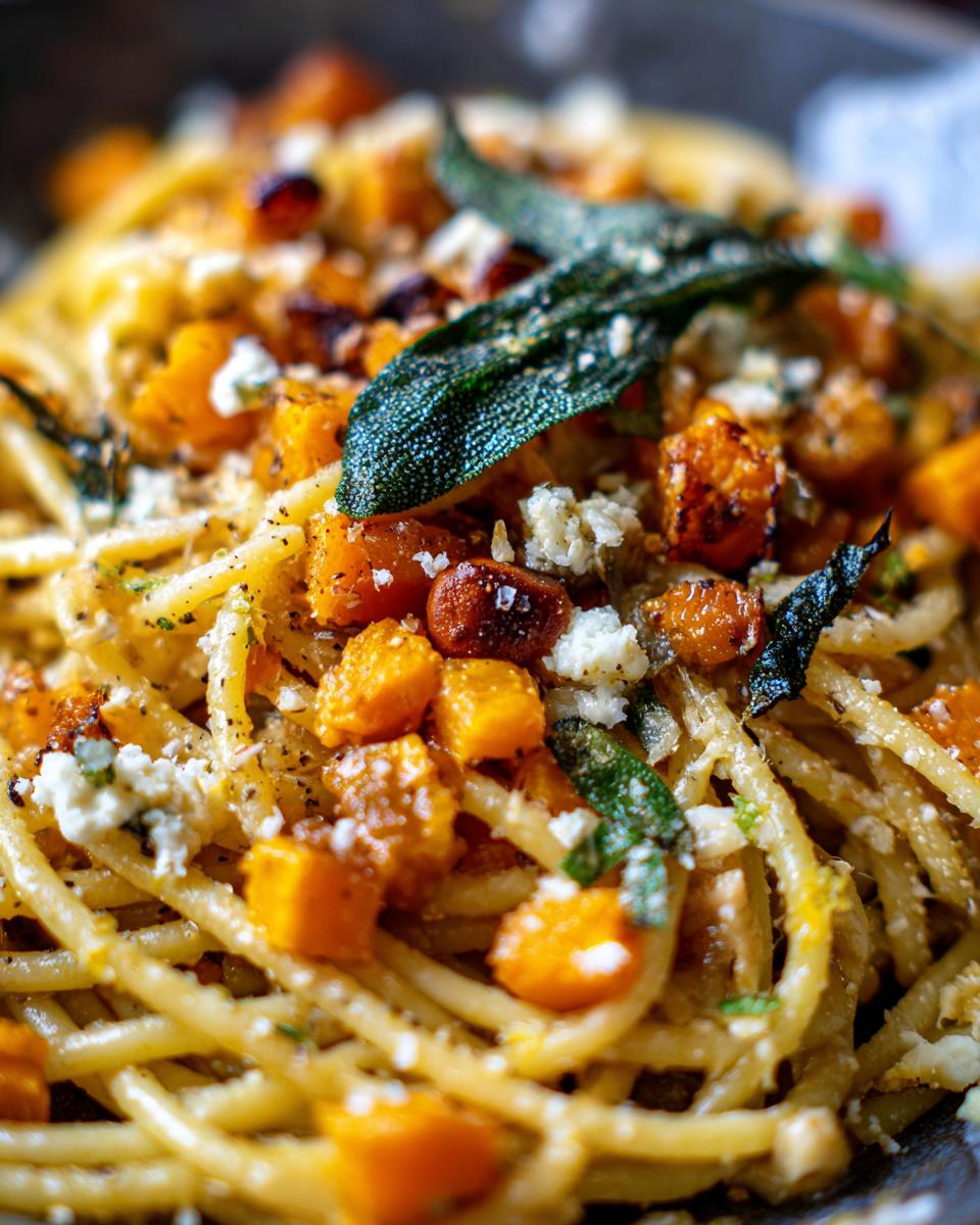 Nahaufnahme von Frische Pasta mit Maronen, Kürbis, Salbei und Roquefort, garniert mit frischen Salbeiblättern.