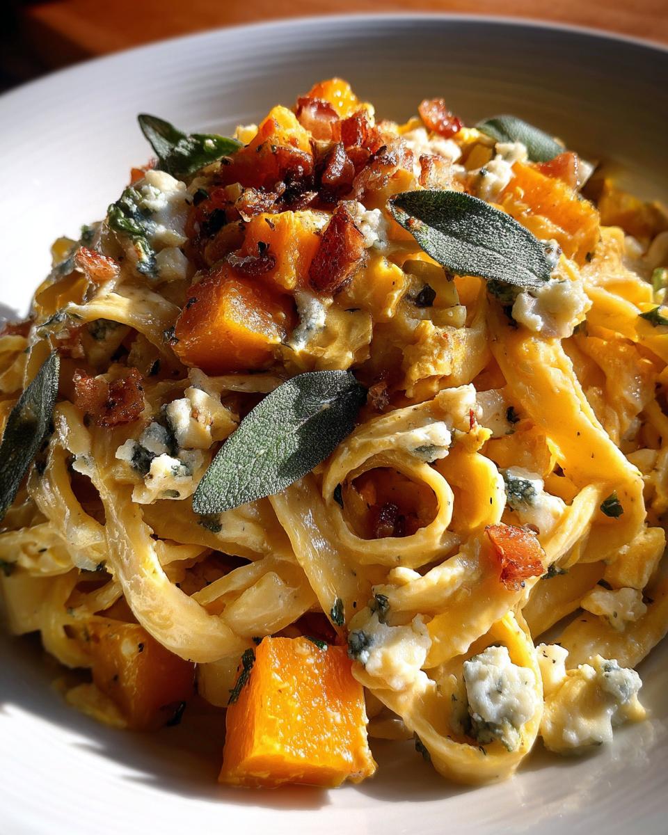 Nahaufnahme von Frische Pasta mit Maronen, Kürbis, Salbei und Roquefort, garniert mit frischen Salbeiblättern und knusprigem Speck.