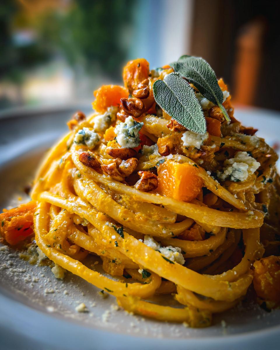 Nahaufnahme von Frische Pasta mit Maronen, Kürbis, Salbei und Roquefort, garniert mit Walnüssen und Salbeiblättern.