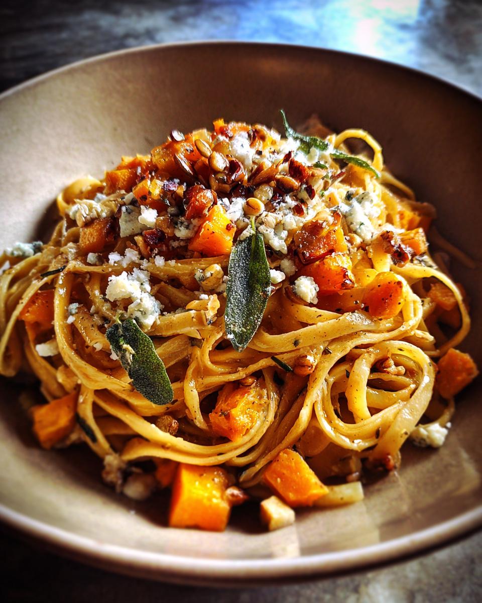 Frische Pasta mit Maronen, Kürbis, Salbei und Roquefort, garniert mit Nüssen und Käse.