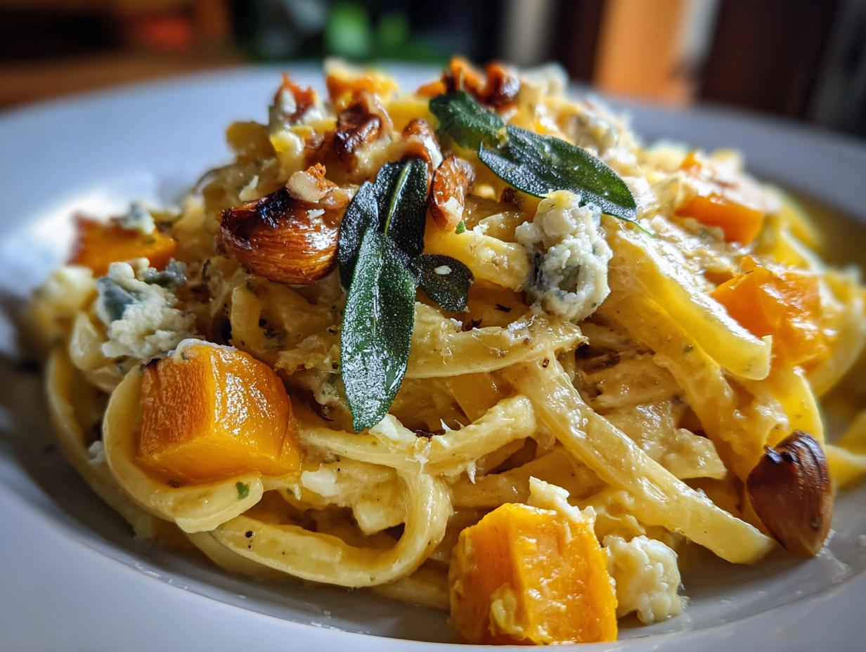 Frische Pasta mit Maronen, Kürbis, Salbei und Roquefort, garniert mit geröstetem Knoblauch und Nüssen.