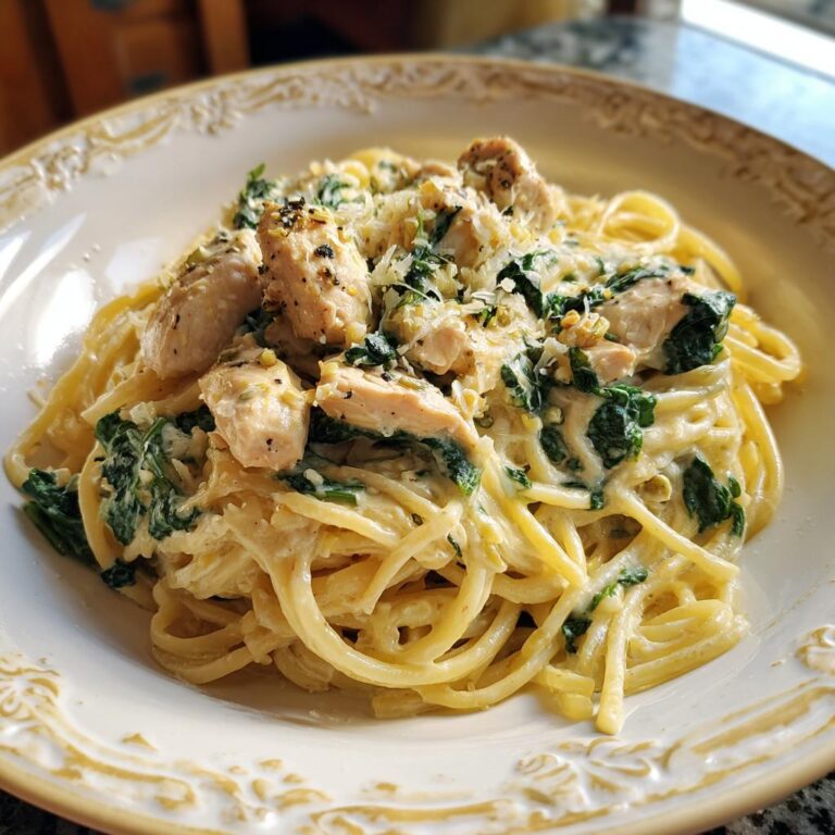 Frischkäse Spinat Hähnchen Pasta serviert in einer Schüssel, mit Hähnchenstücken, Spinat und Käse.