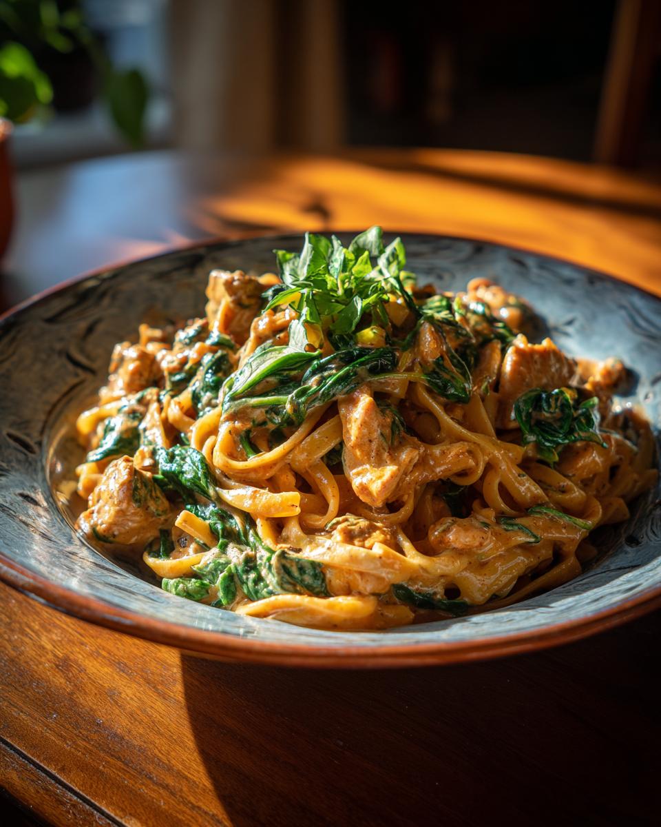Eine Schüssel Frischkäse Spinat Hähnchen Pasta, garniert mit frischen Kräutern, auf einem Holztisch.