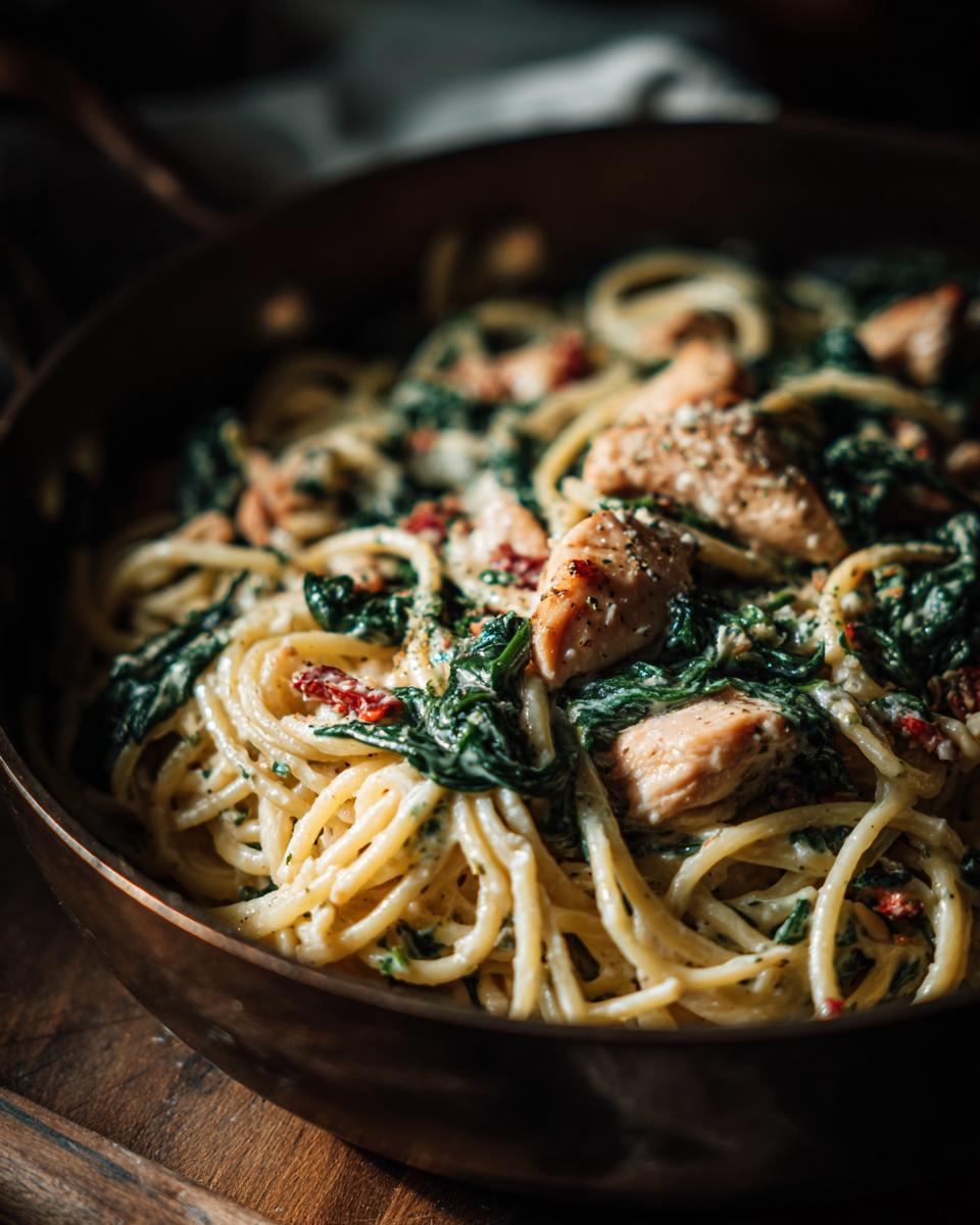 Nahaufnahme von Frischkäse Spinat Hähnchen Pasta in einer Kupferpfanne, garniert mit Parmesan.