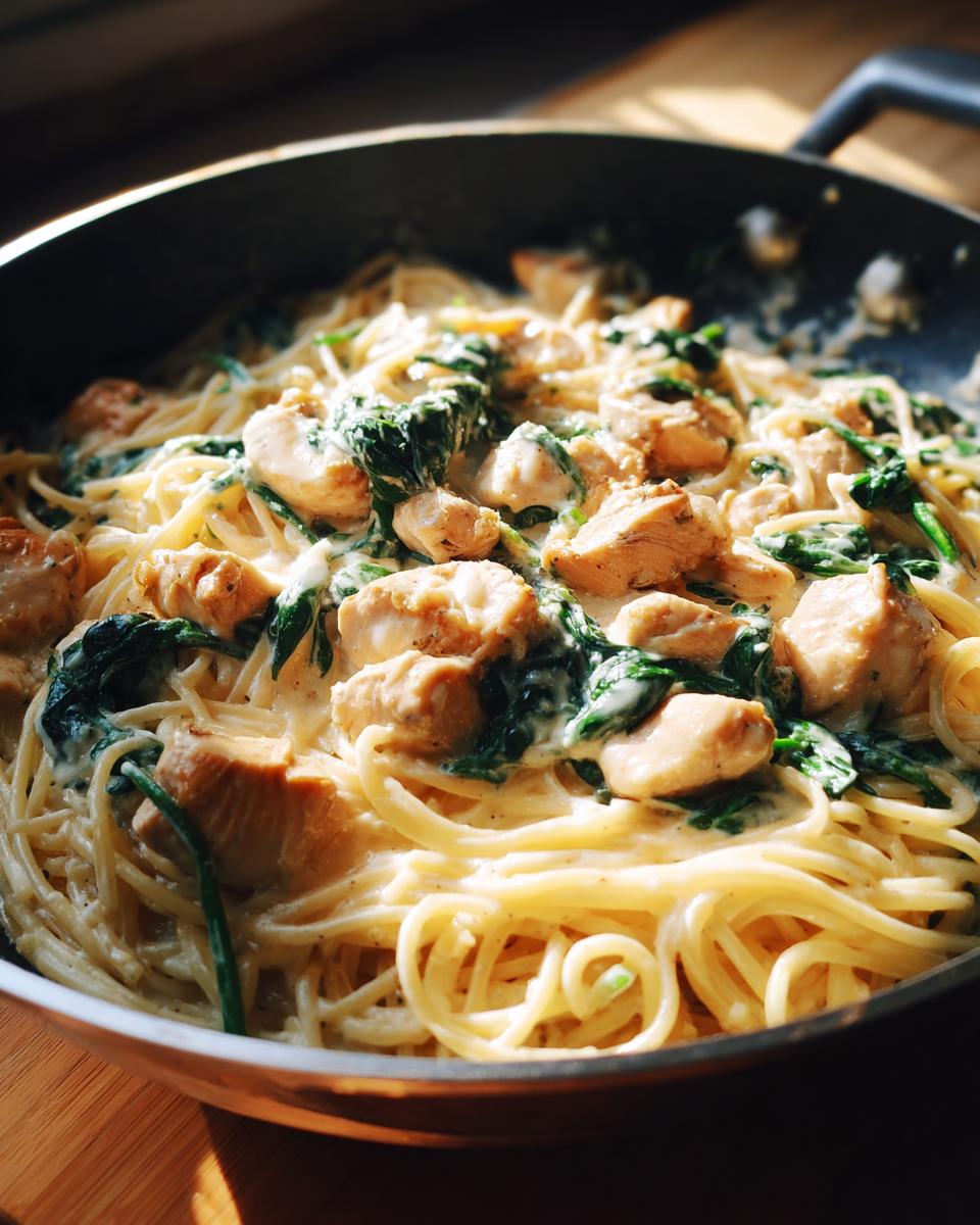 Frischkäse Spinat Hähnchen Pasta in einer Pfanne, mit Nudeln, Hähnchenstücken und Spinat in cremiger Sauce.