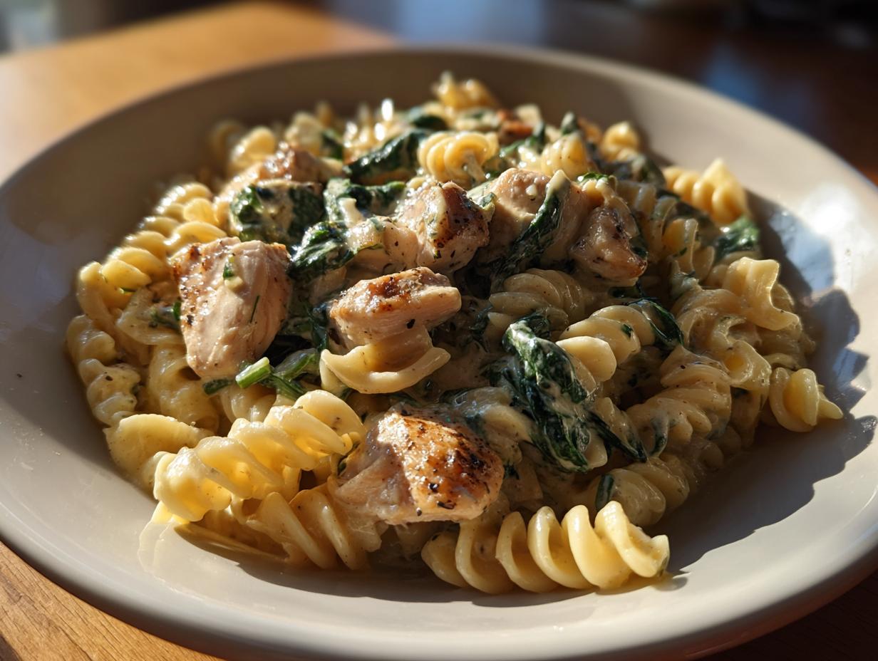 Eine Schüssel mit Frischkäse Spinat Hähnchen Pasta, garniert mit gebratenen Hähnchenstücken und Spinat.