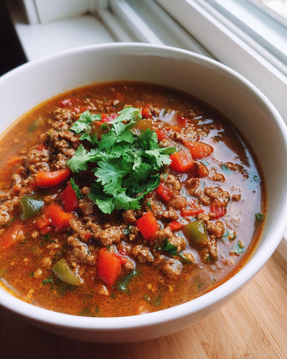 Eine Schüssel mit Friss-dich-dumm-Suppe, gefüllt mit Hackfleisch, Paprika und Kräutern.