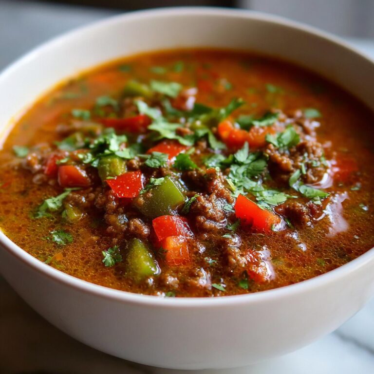 Eine Schüssel mit Friss-dich-dumm-Suppe, gefüllt mit Hackfleisch, roten und grünen Paprikawürfeln und frischer Petersilie.