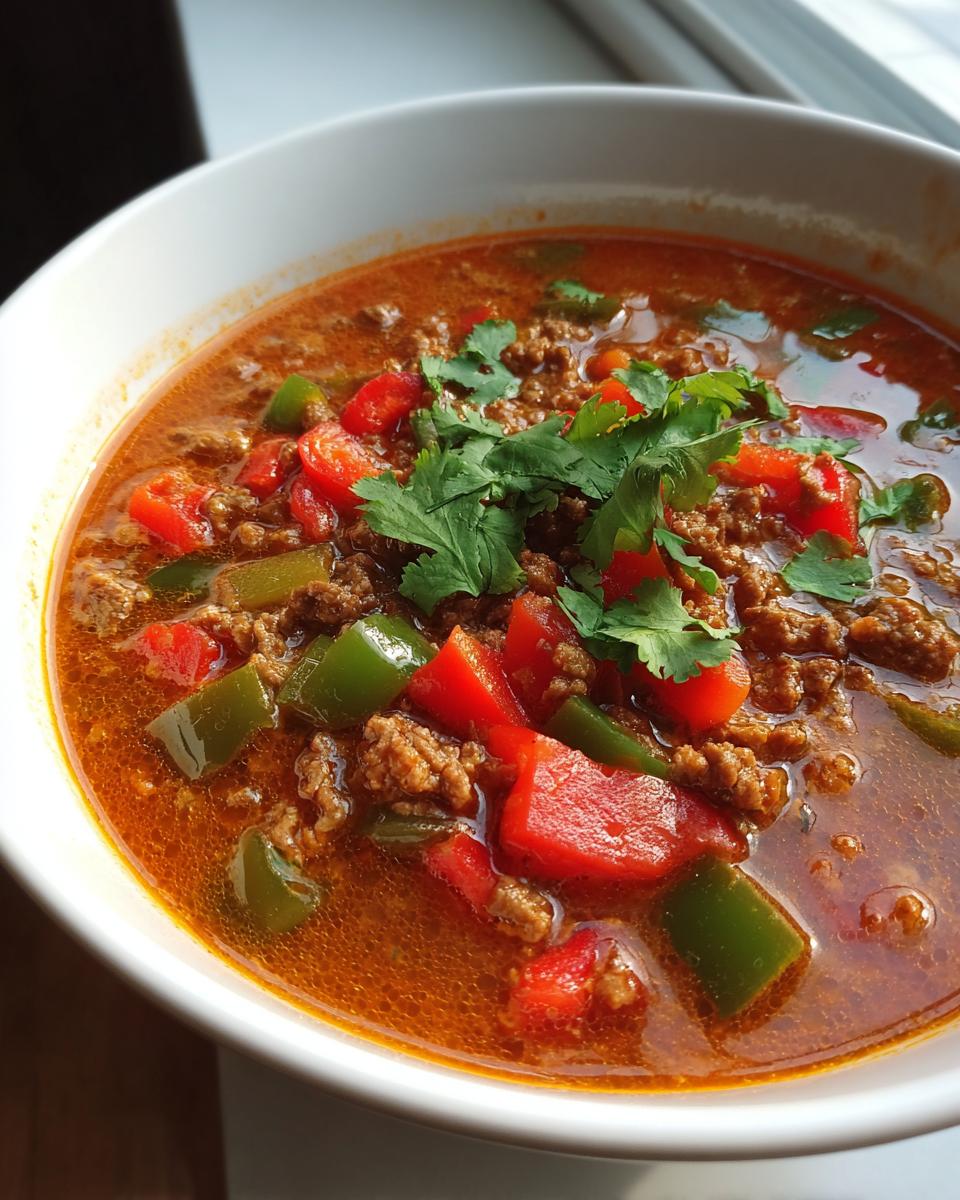 Eine Schüssel mit Friss-dich-dumm-Suppe, gefüllt mit Hackfleisch, roten und grünen Paprikastücken und garniert mit Koriander.