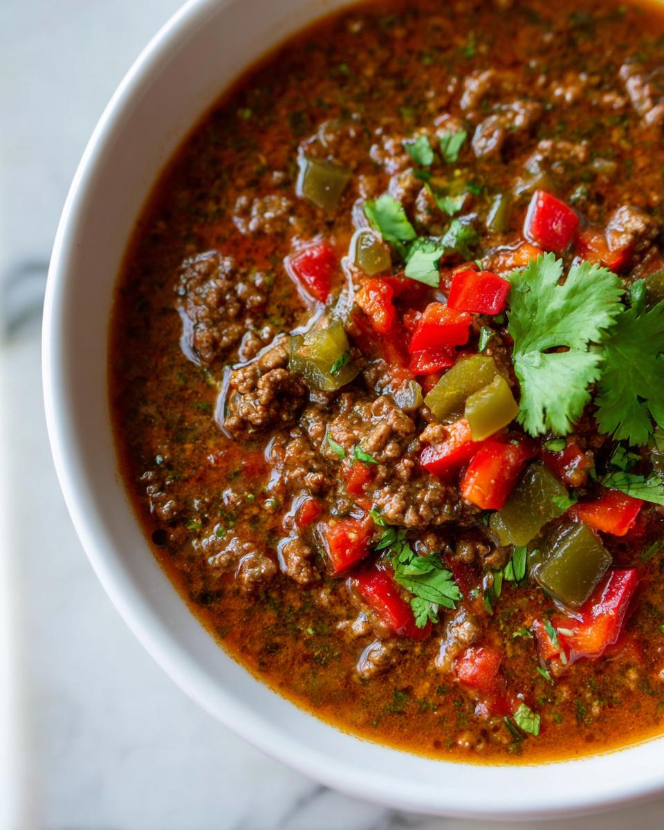 Eine Schüssel Friss-dich-dumm-Suppe mit Hackfleisch, Paprika und Koriander.