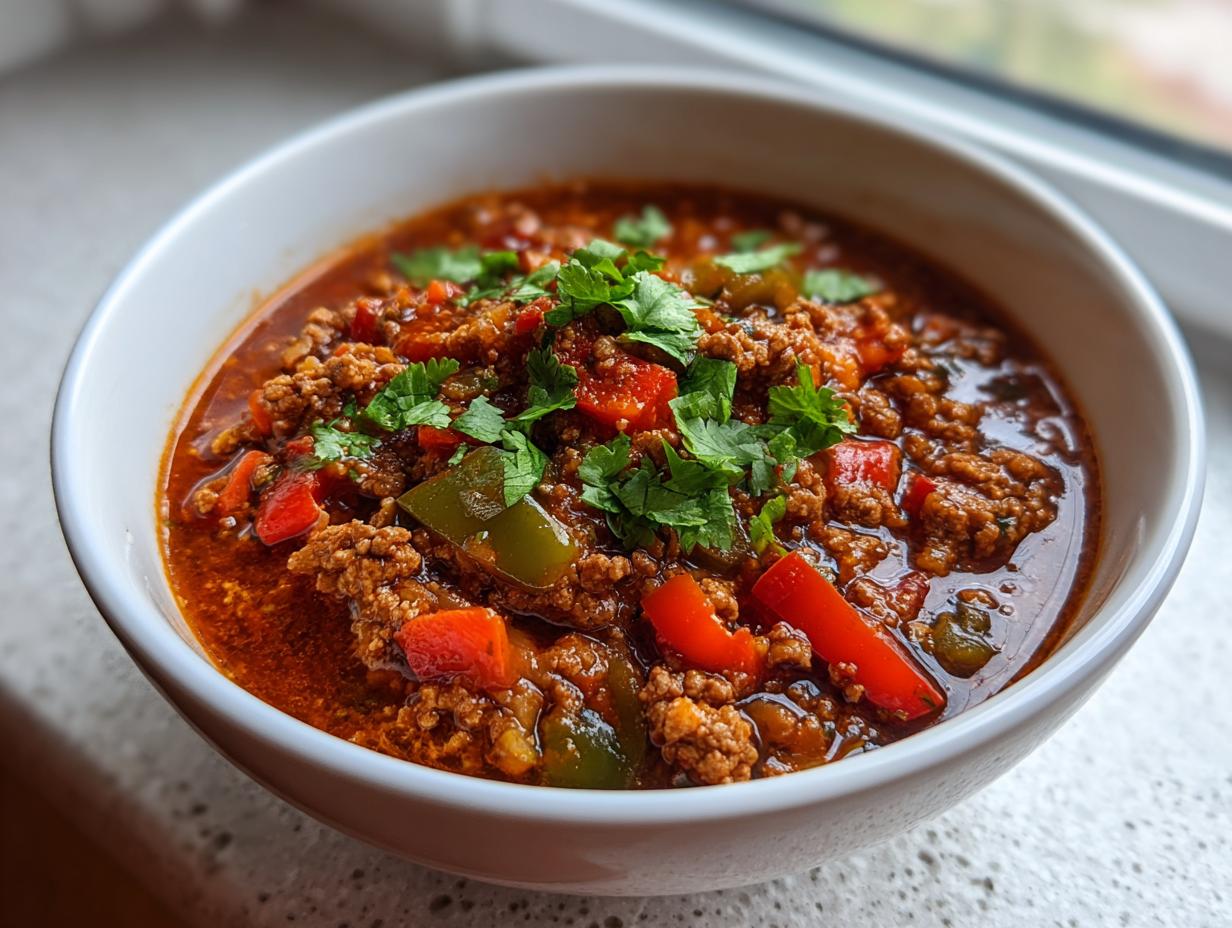Eine Schüssel mit herzhafter Friss-dich-dumm-Suppe, garniert mit frischer Petersilie und sichtbaren Stücken von Hackfleisch und Paprika.