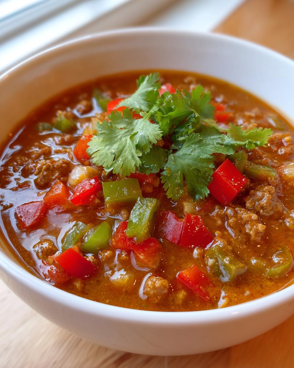 Eine Schüssel mit Friss-dich-dumm-Suppe, garniert mit frischem Koriander und sichtbaren Stücken von roter und grüner Paprika und Hackfleisch.