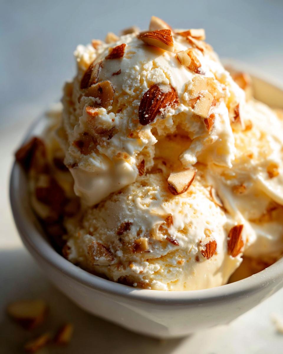 Close-up of creamy Gebrannte Mandel Eis (caramelized almond ice cream) in a white bowl, topped with chopped almonds.