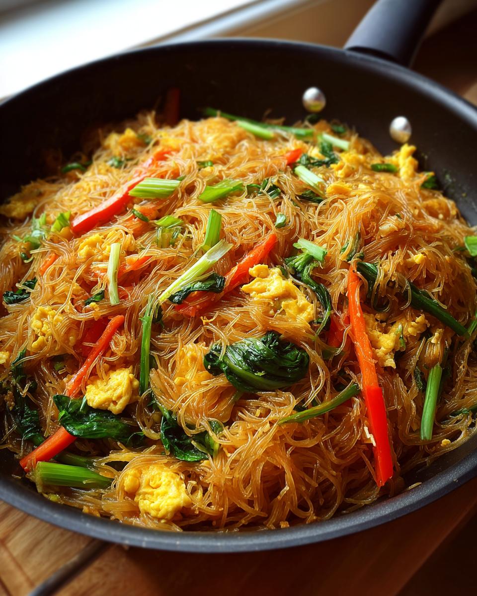 Nahaufnahme von Gebratene Nudeln mit Gemüse und Ei in einer Pfanne, mit Karotten, Frühlingszwiebeln und Rührei.