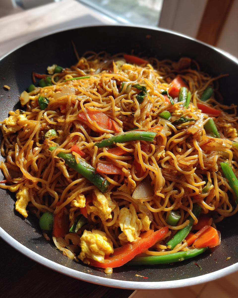 Nahaufnahme von Gebratenen Nudeln mit Gemüse und Ei in einer Pfanne, garniert mit Paprika und grünen Bohnen.