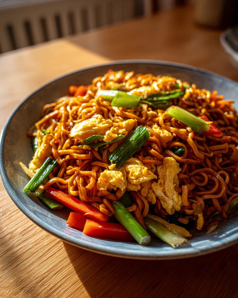 Eine Schüssel mit Gebratenen Nudeln mit Gemüse und Ei, garniert mit Frühlingszwiebeln und Karotten.
