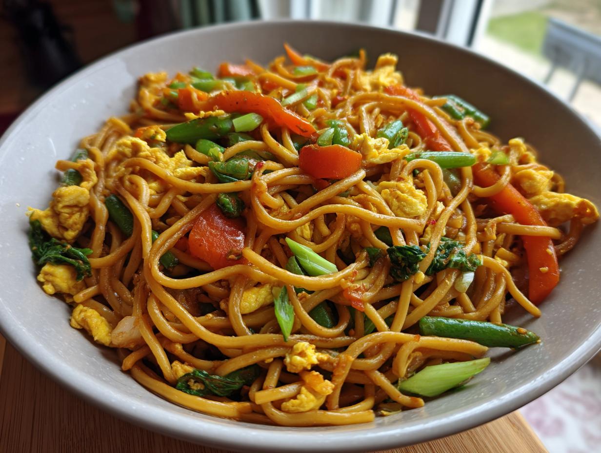 Eine Schüssel mit Gebratenen Nudeln mit Gemüse und Ei, garniert mit Frühlingszwiebeln.