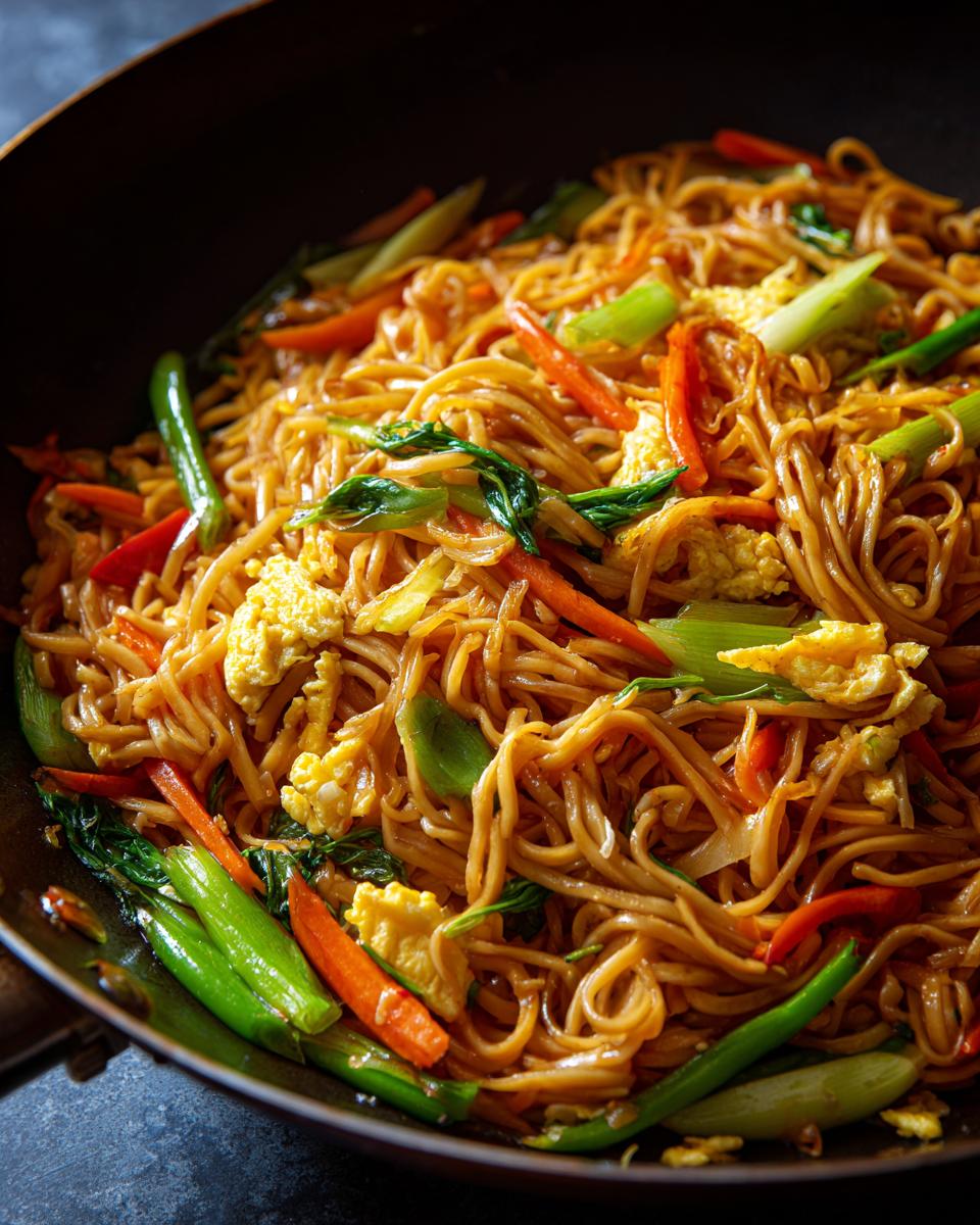 Nahaufnahme von Gebratenen Nudeln mit Gemüse und Ei, zubereitet in einem Wok.