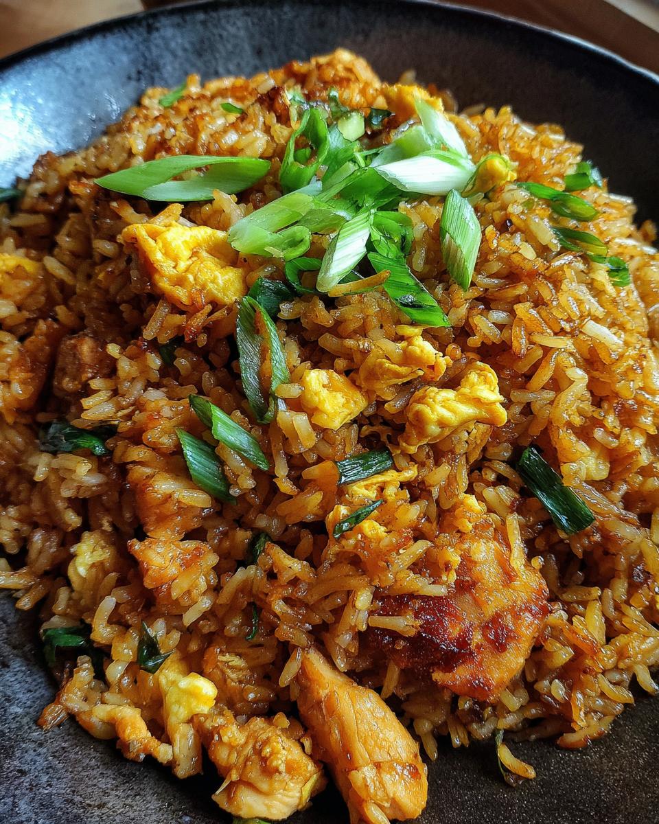 Nahaufnahme von Gebratenen Reis mit Huhn und Ei, garniert mit Frühlingszwiebeln.