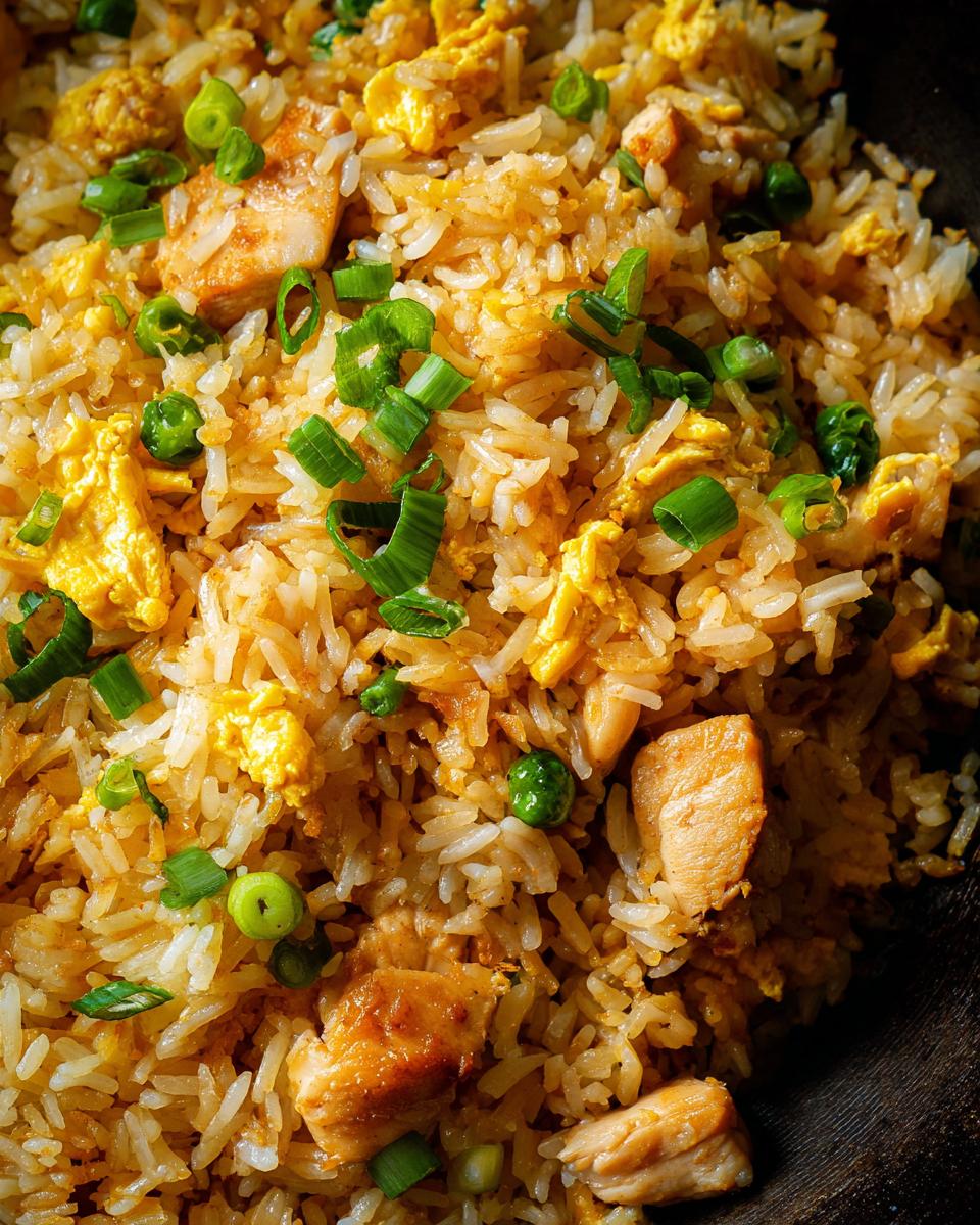 Nahaufnahme von Gebratenem Reis mit Huhn und Ei, garniert mit Frühlingszwiebeln.