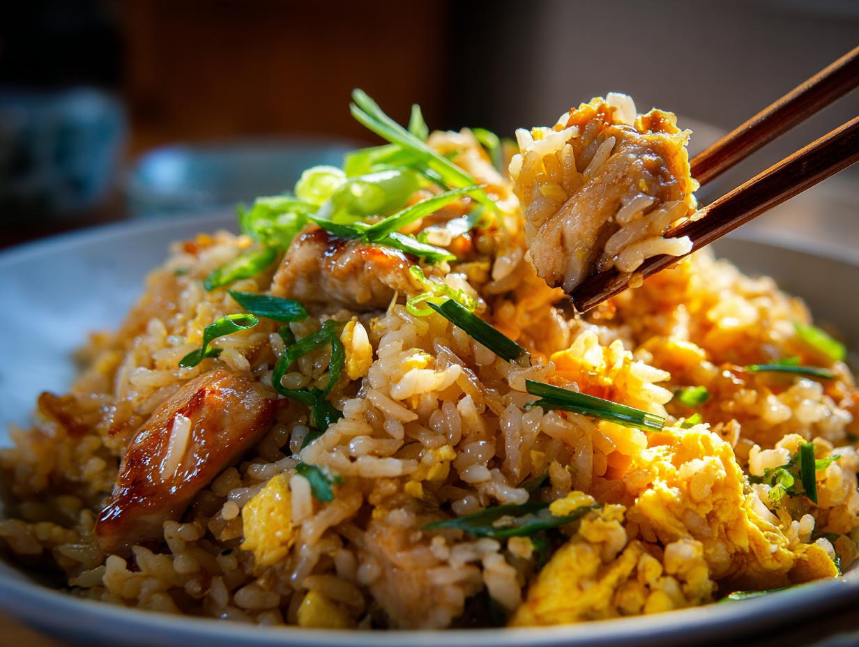 Ein Löffelstäbchen hebt eine Portion Gebratenen Reis mit Huhn und Ei aus einer Schüssel, garniert mit Frühlingszwiebeln.