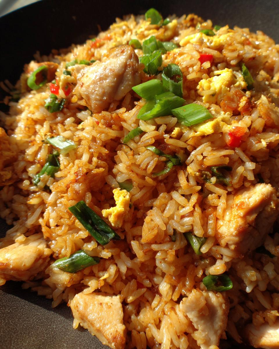 Nahaufnahme von Gebratenem Reis mit Huhn und Ei, garniert mit Frühlingszwiebeln.