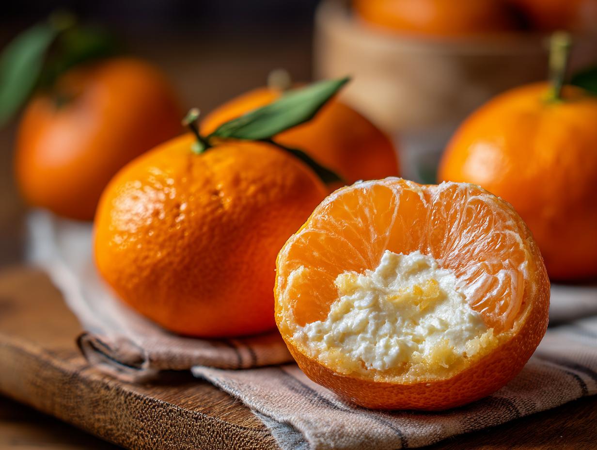 Gefüllte Orangen mit fruchtigem Sahnequark, eine Orange ist aufgeschnitten und mit einer cremigen Füllung versehen.