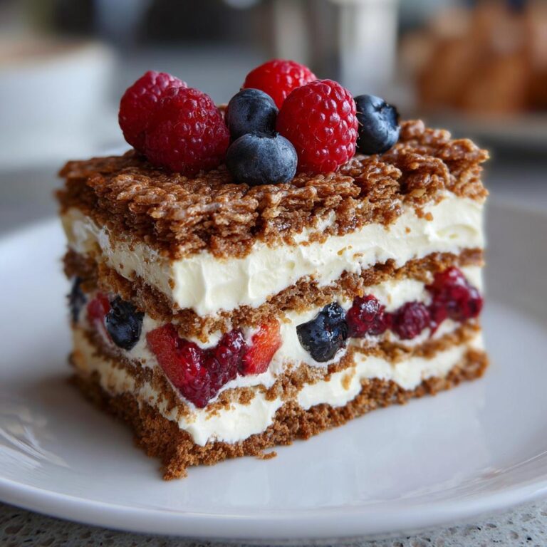 A slice of German Schichtdessert featuring layers of cake, cream, and fresh berries like raspberries and blueberries.