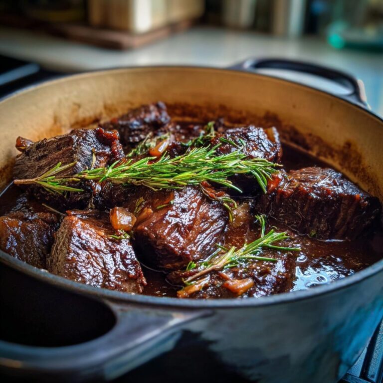 Geschmorte Rinderbäckchen aus dem Backofen in einem Gusseisentopf, garniert mit Rosmarin.